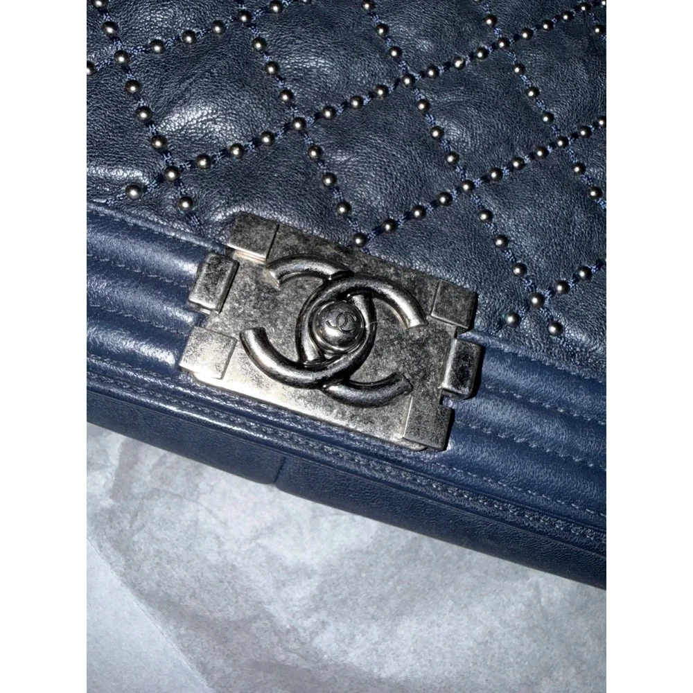 Chanel Studded Boy Flap Bag New Medium Dark Navy Aged Ruthenium Hardware COA